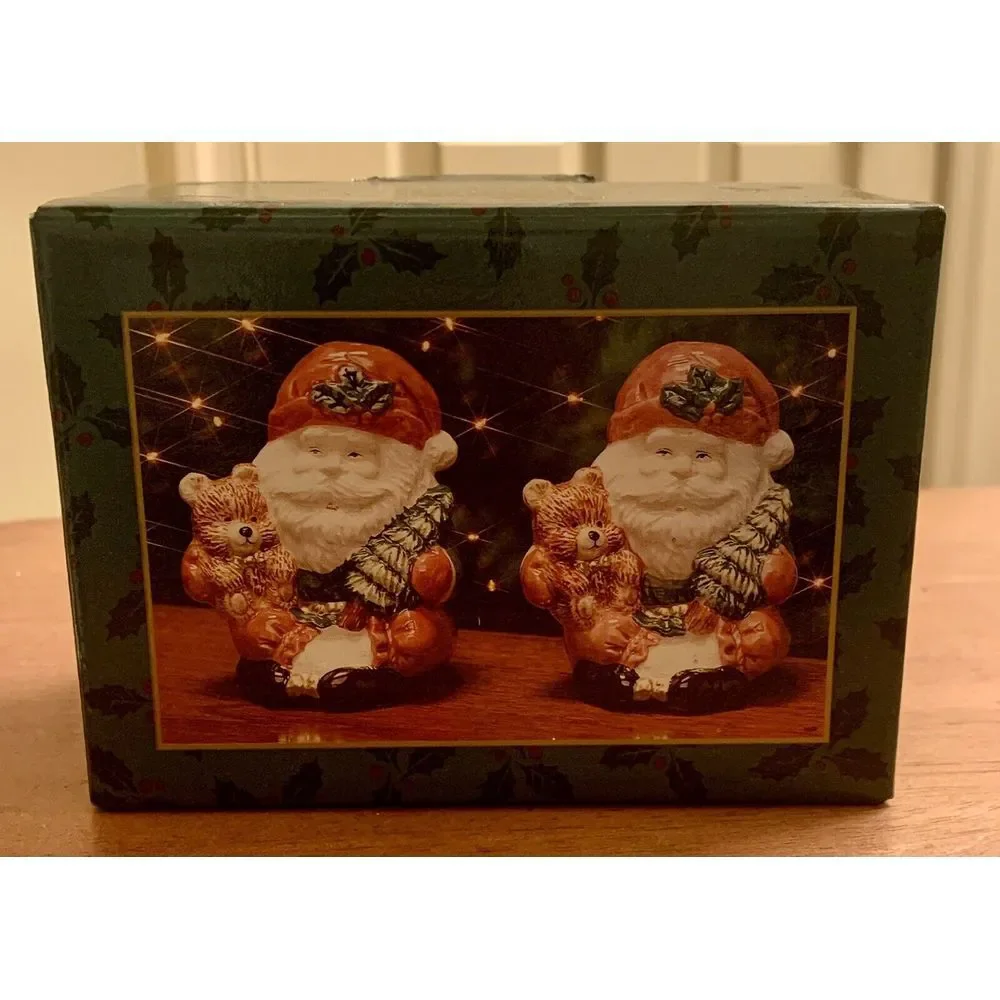 Vintage Home For The Holidays Santa Holding Bear & Tree Salt & Pepper Shaker Set